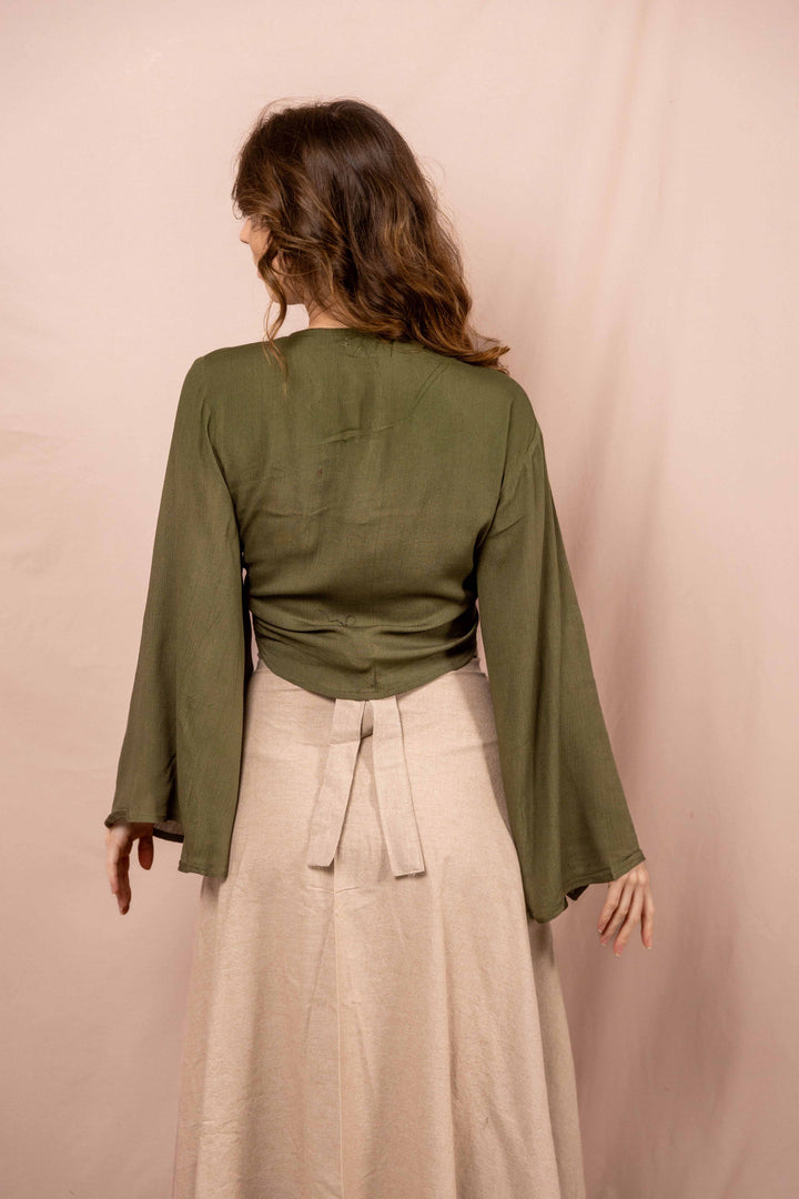 Lässiges Batik Wickeltop, Vintage Wickelbluse in Grün, Bluse zum Wickeln, Top mit langen Ärmeln