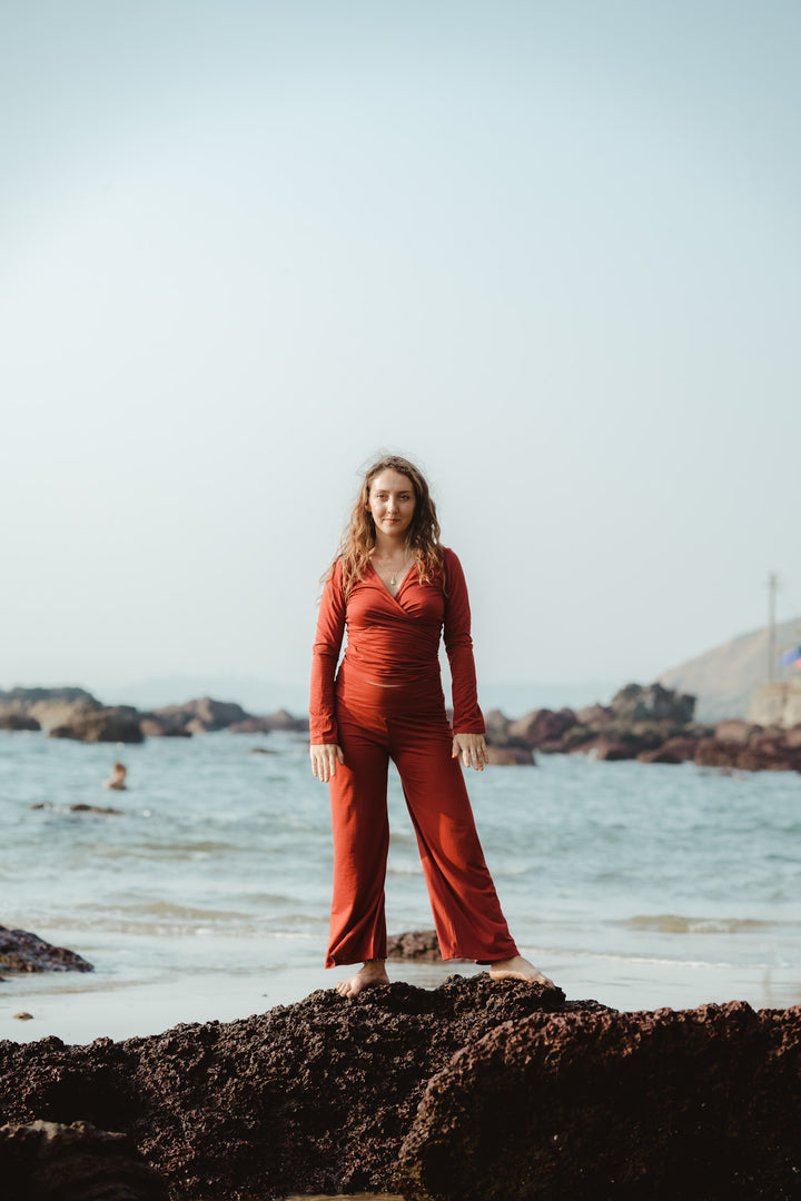 Wickeltop, Sporttop, Yogatop, Top, Wickelbluse, Wickel oberteil, Rot, lange Ärmel, Set Hose und Top