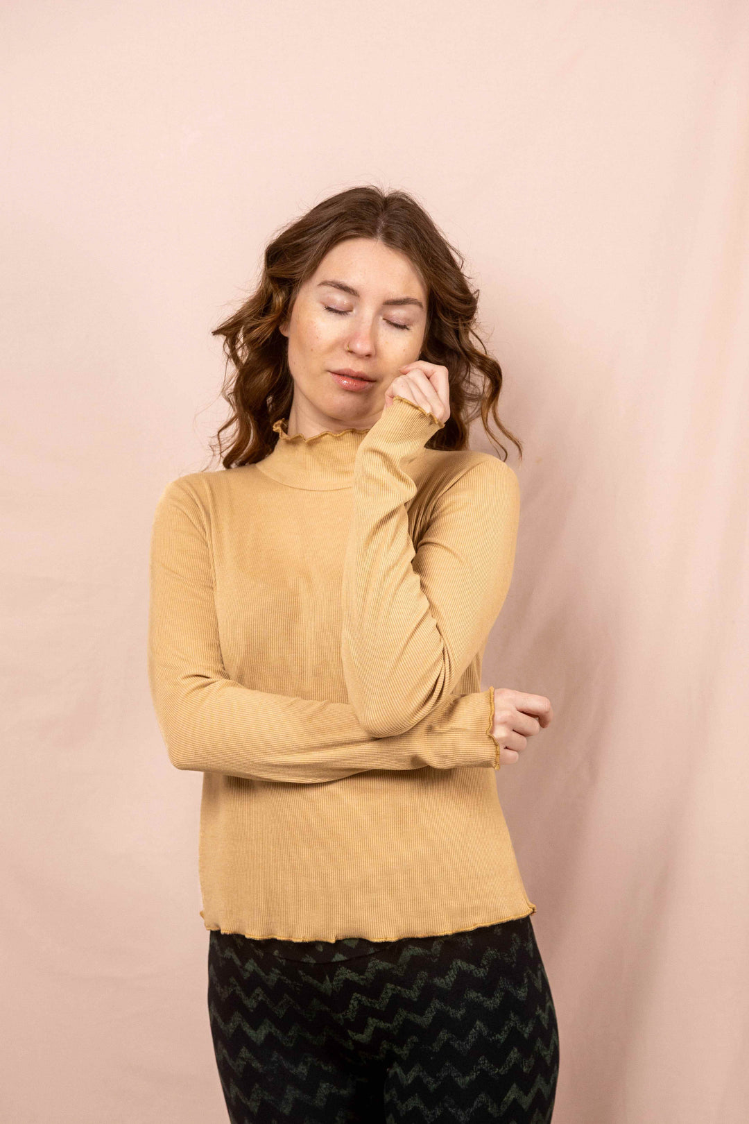 Wintertop, Beige, Stehkragen, Rollkragen, Wintersport, Feinrip Langsleeven, Langärmliges Shirt