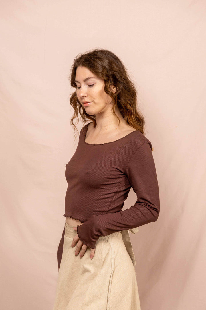 Feinripp Shirt, Longsleeve Top, Langärmlig in Braun