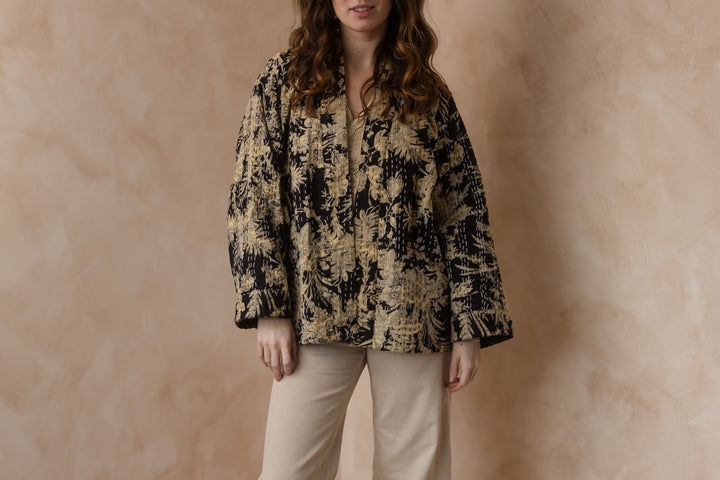 Kanta Jacke, Hipster Kimono Jacke, Boho Jacke mit Blockprint, Blumenmuster