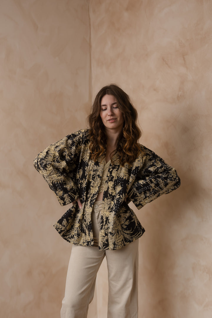 Kanta Jacke, Hipster Kimono Jacke, Boho Jacke mit Blockprint, Blumenmuster