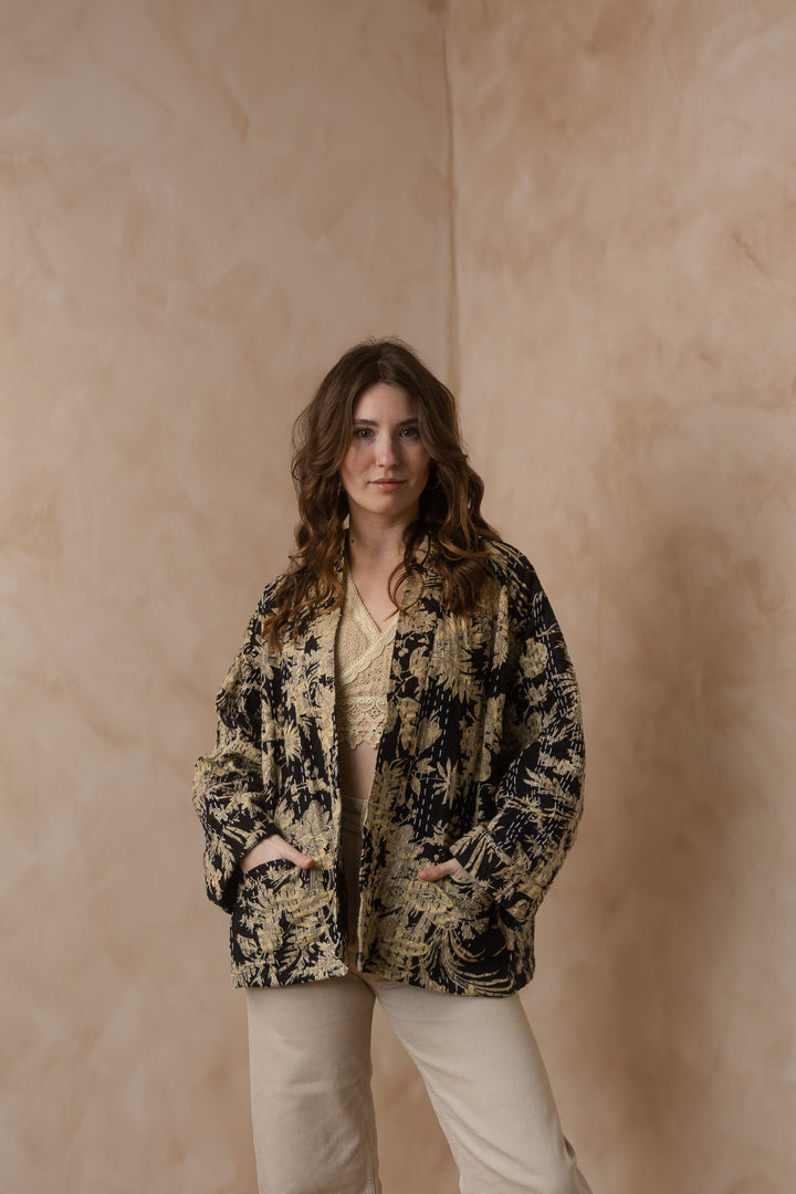 Kanta Jacke, Hipster Kimono Jacke, Boho Jacke mit Blockprint, Blumenmuster