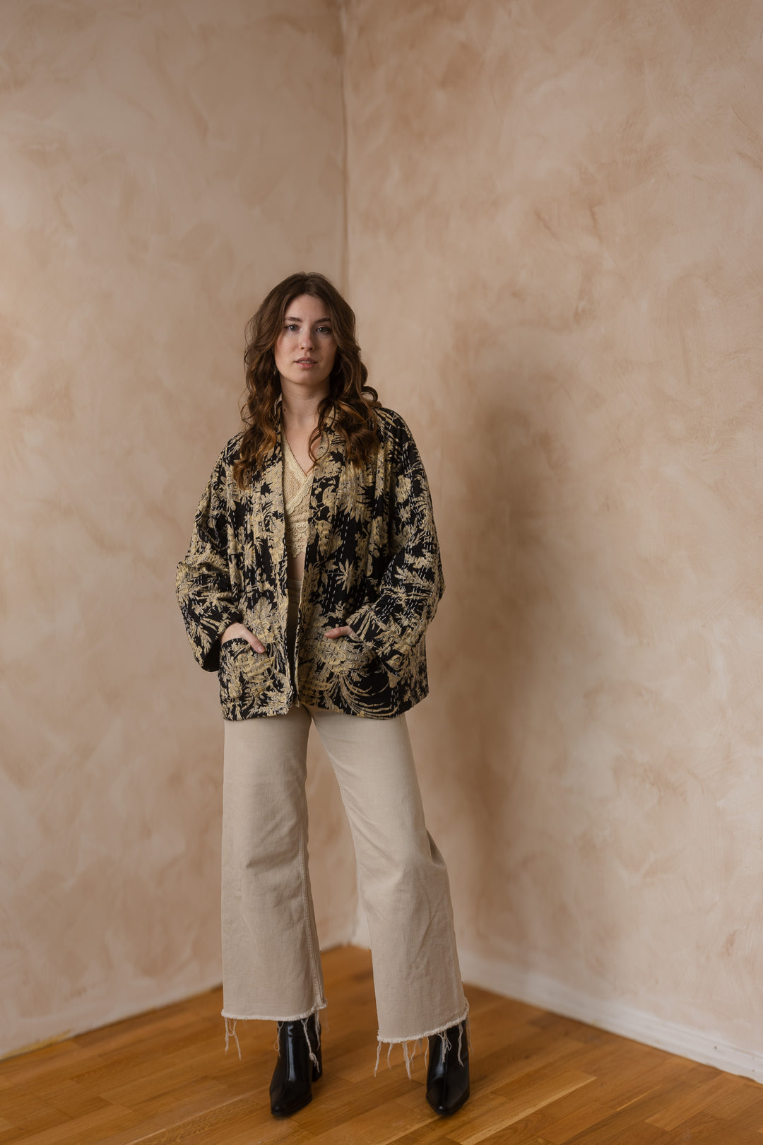 Kanta Jacke, Hipster Kimono Jacke, Boho Jacke mit Blockprint, Blumenmuster