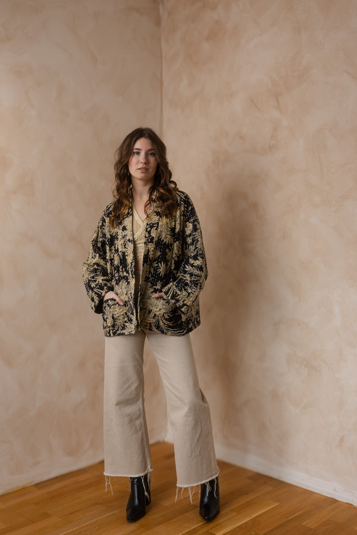 Kanta Jacke, Hipster Kimono Jacke, Boho Jacke mit Blockprint, Blumenmuster