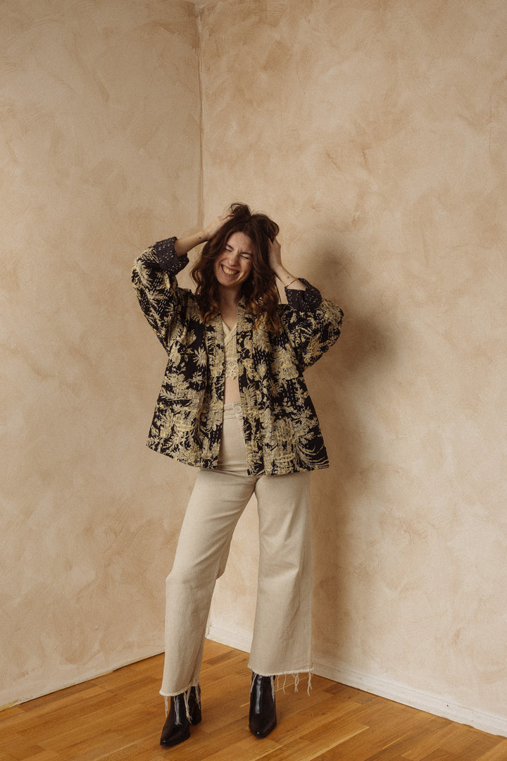 Kanta Jacke, Hipster Kimono Jacke, Boho Jacke mit Blockprint, Blumenmuster
