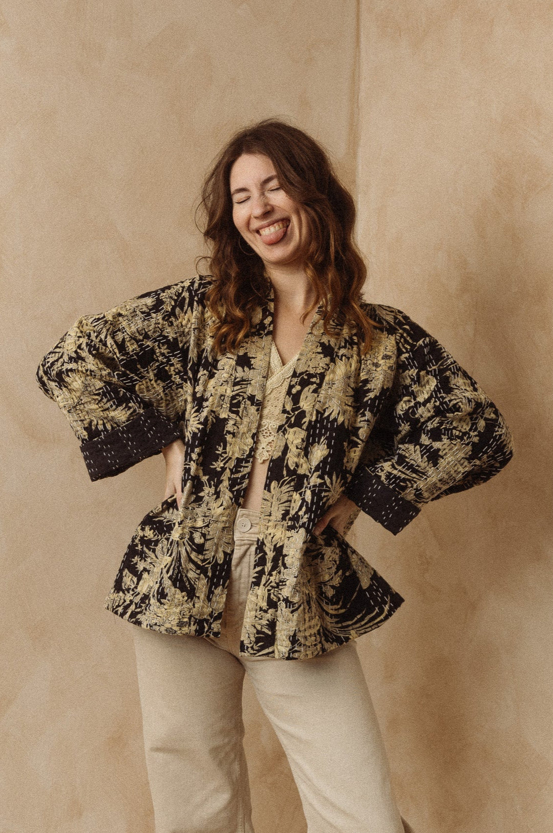Kanta Jacke, Hipster Kimono Jacke, Boho Jacke mit Blockprint, Blumenmuster