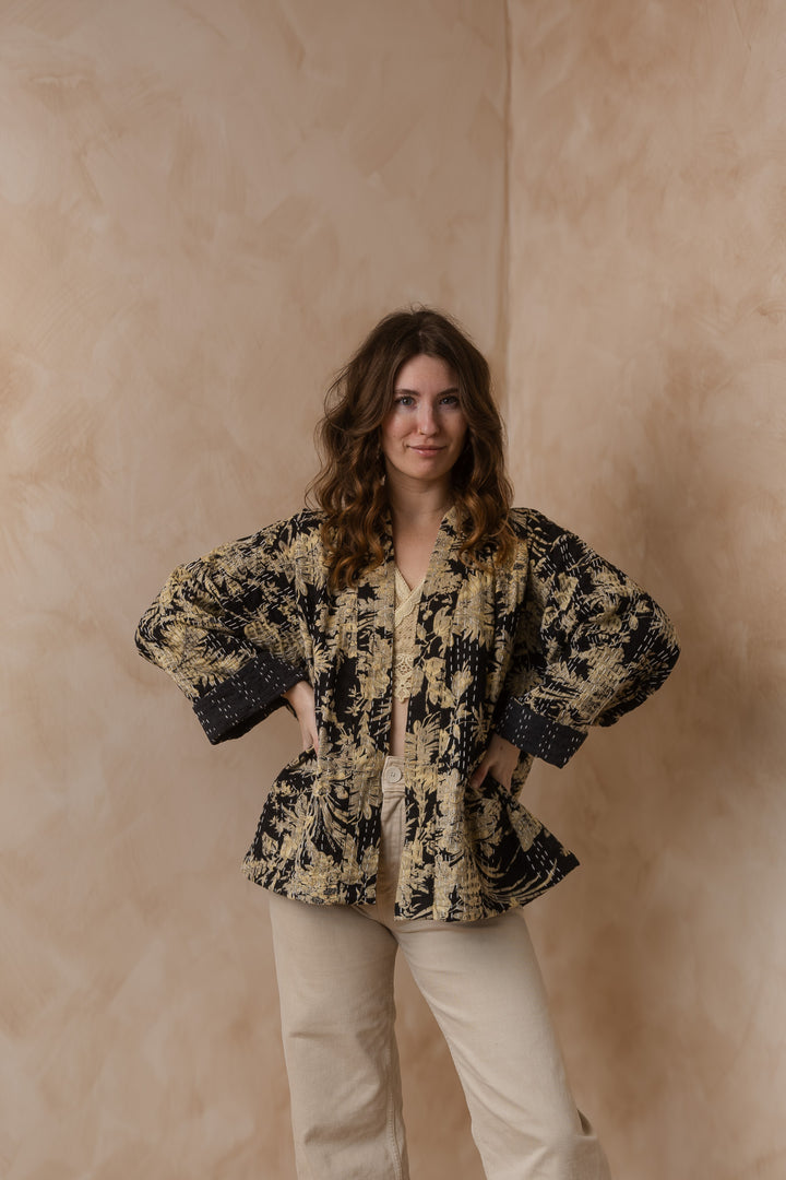 Kanta Jacke, Hipster Kimono Jacke, Boho Jacke mit Blockprint, Blumenmuster