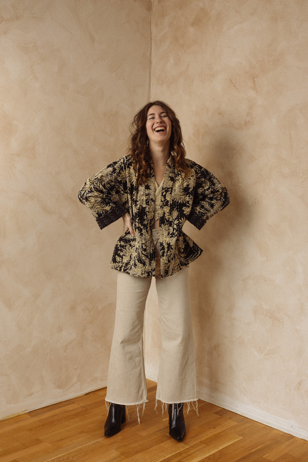 Kanta Jacke, Hipster Kimono Jacke, Boho Jacke mit Blockprint, Blumenmuster