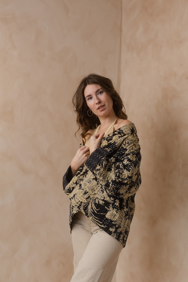 Kanta Jacke, Hipster Kimono Jacke, Boho Jacke mit Blockprint, Blumenmuster