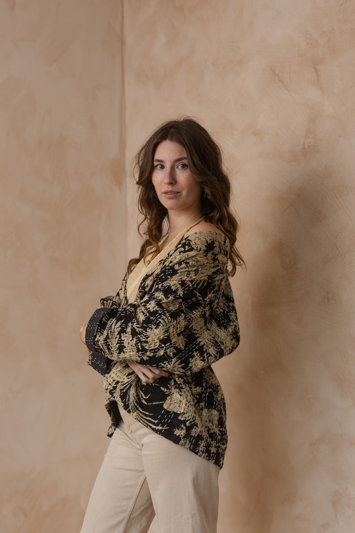 Kanta Jacke, Hipster Kimono Jacke, Boho Jacke mit Blockprint, Blumenmuster