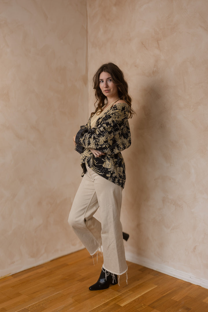 Kanta Jacke, Hipster Kimono Jacke, Boho Jacke mit Blockprint, Blumenmuster