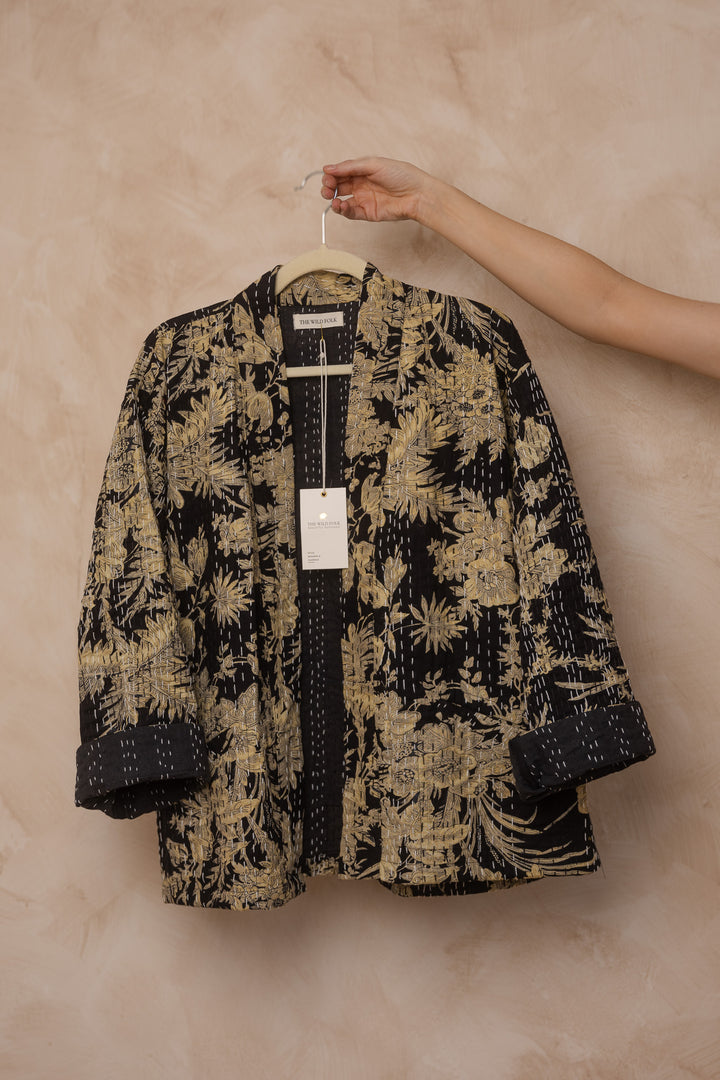 Kanta Jacke, Hipster Kimono Jacke, Boho Jacke mit Blockprint, Blumenmuster
