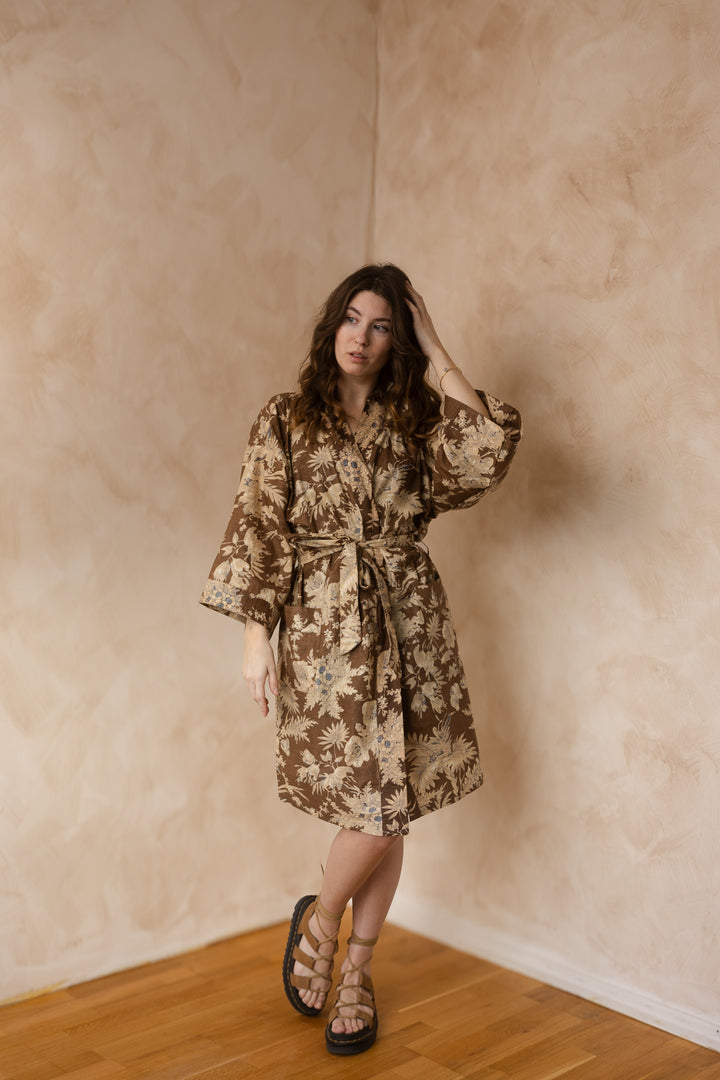 Kimono, Leichter Bademantel, dünner Morgenmantel, lange Bluse, Longewear, aus Buamwolle