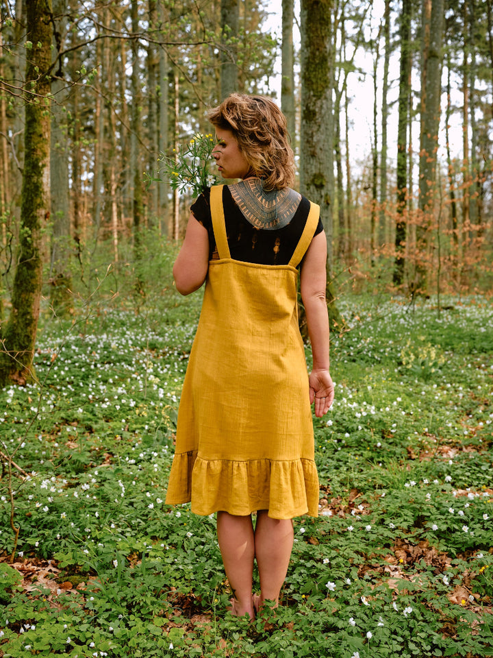 Musselin Kleid SOLEIL in senfgelb. Vintage Sommerkleid in Gelb. 100% Baumwolle.