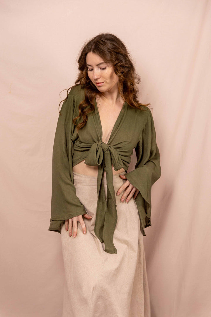 Lässiges Batik Wickeltop, Vintage Wickelbluse in Grün, Bluse zum Wickeln, Top mit langen Ärmeln