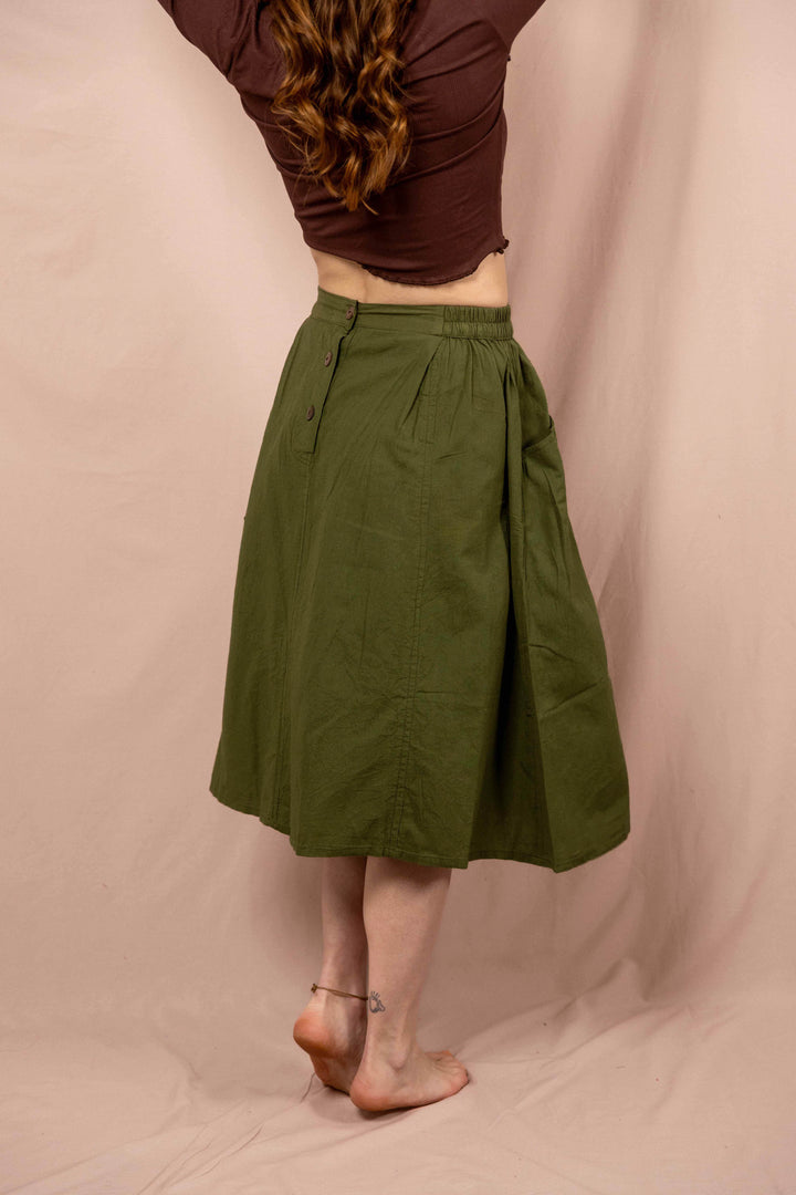 Sommerrock, Mittel Langer Frühlingsrock mit Knöpfen, Vintage Rock in Grün mit Taschen, 100% Baumwolle