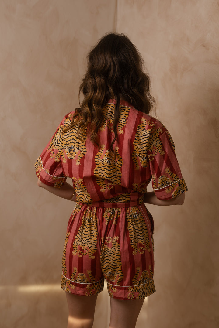 Stylisches Pyjama Set, Tiger Print Schlafanzug, Kurze Nachtwäsche, Unisex Pyjama aus Baumwolle, Trendige Muster