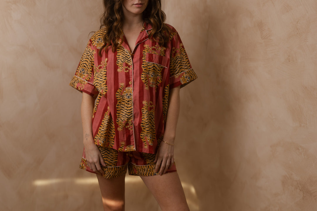 Stylisches Pyjama Set, Tiger Print Schlafanzug, Kurze Nachtwäsche, Unisex Pyjama aus Baumwolle, Trendige Muster