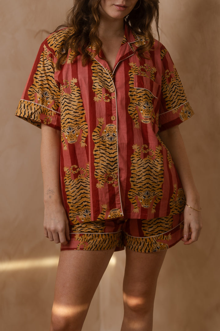 Stylisches Pyjama Set, Tiger Print Schlafanzug, Kurze Nachtwäsche, Unisex Pyjama aus Baumwolle, Trendige Muster