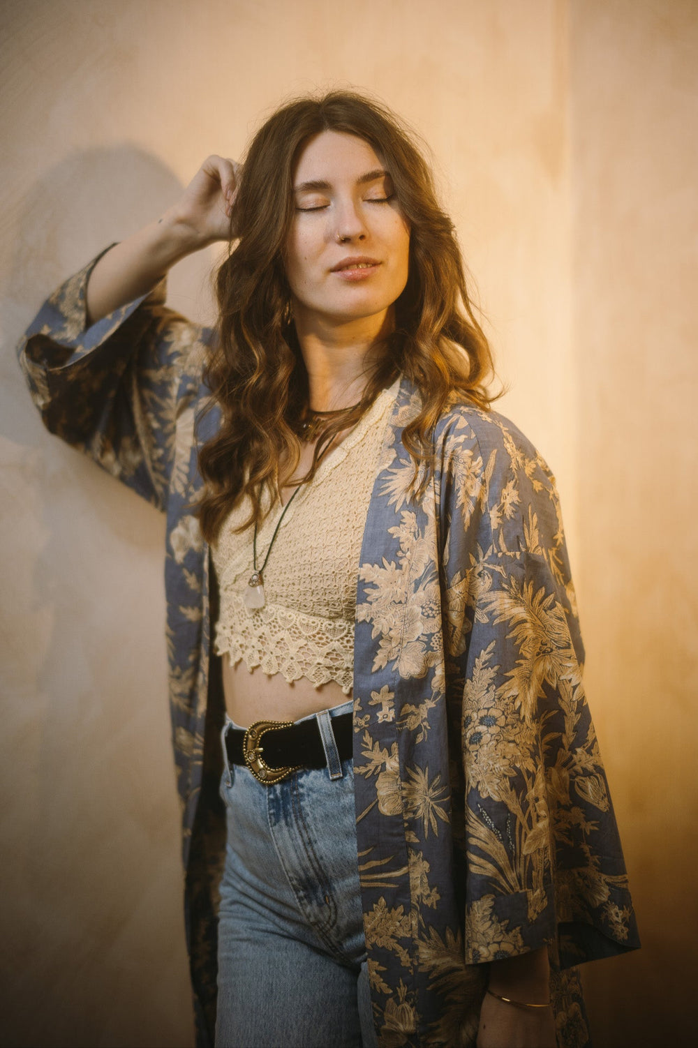 Kimono, Leichter Bademantel, dünner Morgenmantel, lange Bluse, Longewear, aus Buamwolle