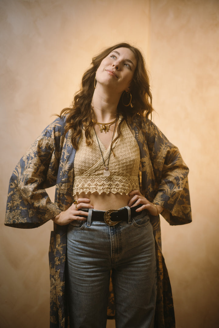 Kimono, Leichter Bademantel, dünner Morgenmantel, lange Bluse, Longewear, aus Buamwolle