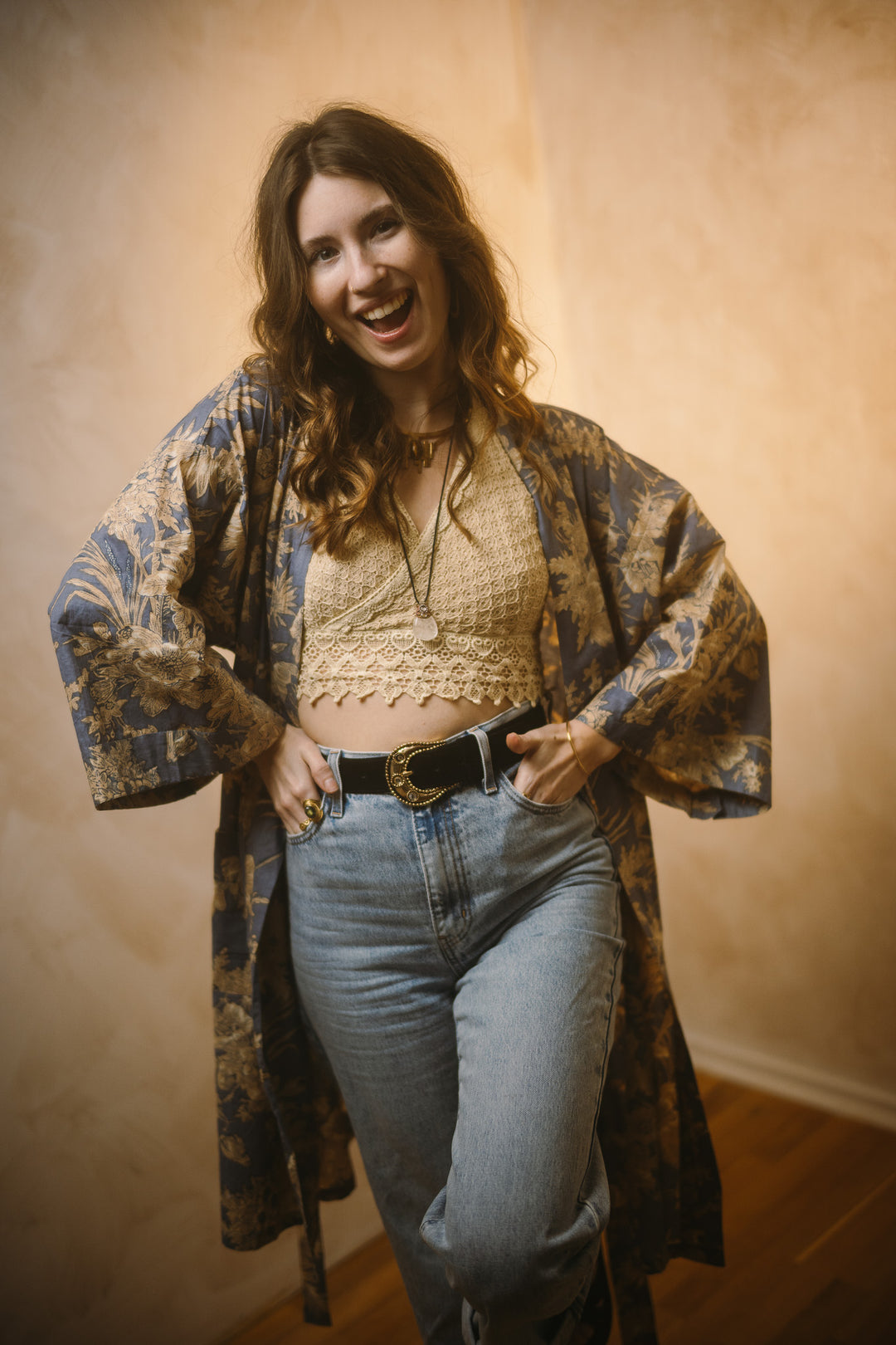 Kimono, Leichter Bademantel, dünner Morgenmantel, lange Bluse, Longewear, aus Buamwolle