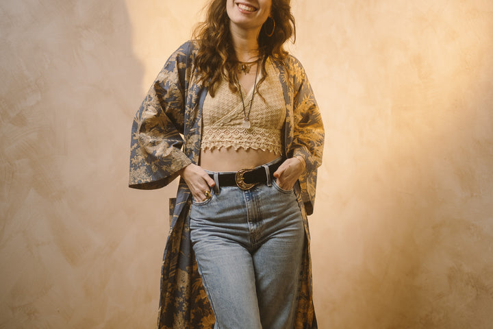 Kimono, Leichter Bademantel, dünner Morgenmantel, lange Bluse, Longewear, aus Buamwolle