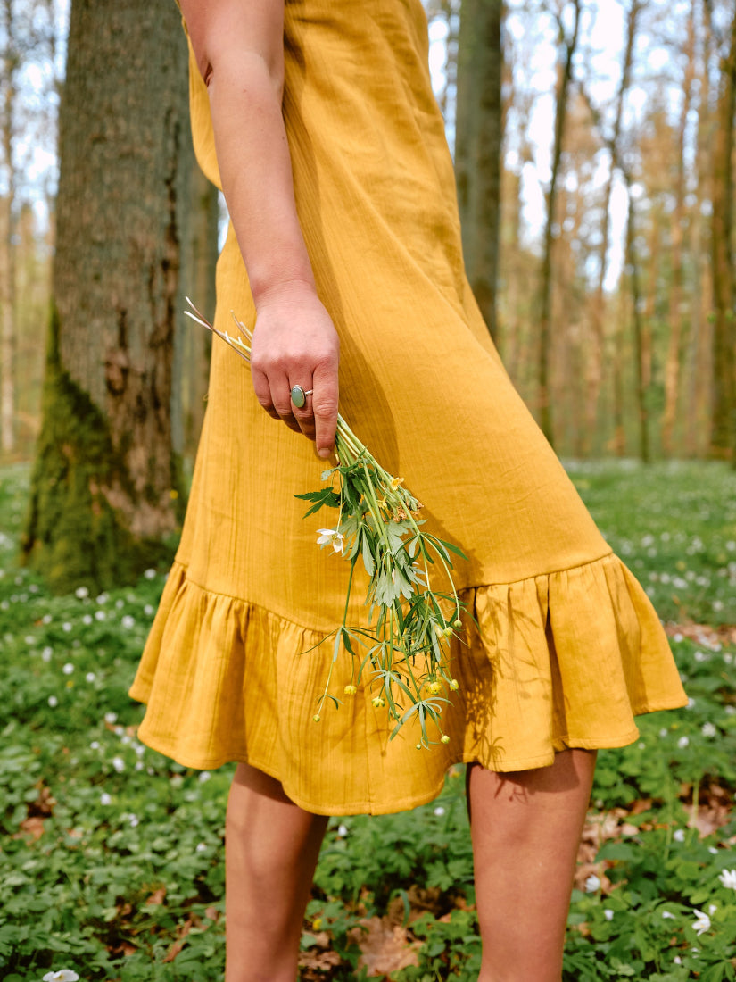 Musselin Kleid SOLEIL in senfgelb. Vintage Sommerkleid in Gelb. 100% Baumwolle.