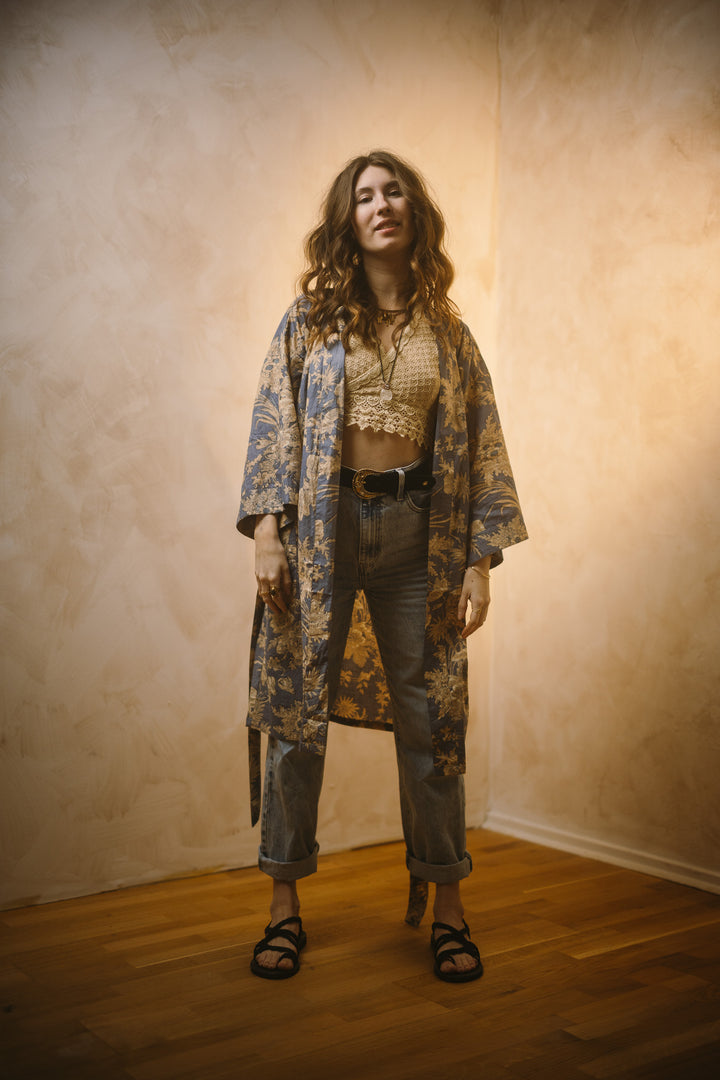 Kimono, Leichter Bademantel, dünner Morgenmantel, lange Bluse, Longewear, aus Buamwolle