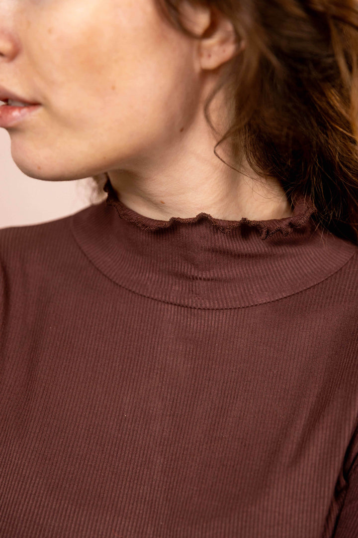 Wintertop, Braun, Stehkragen, Rollkragen, Wintersport, Feinrip Langsleeve