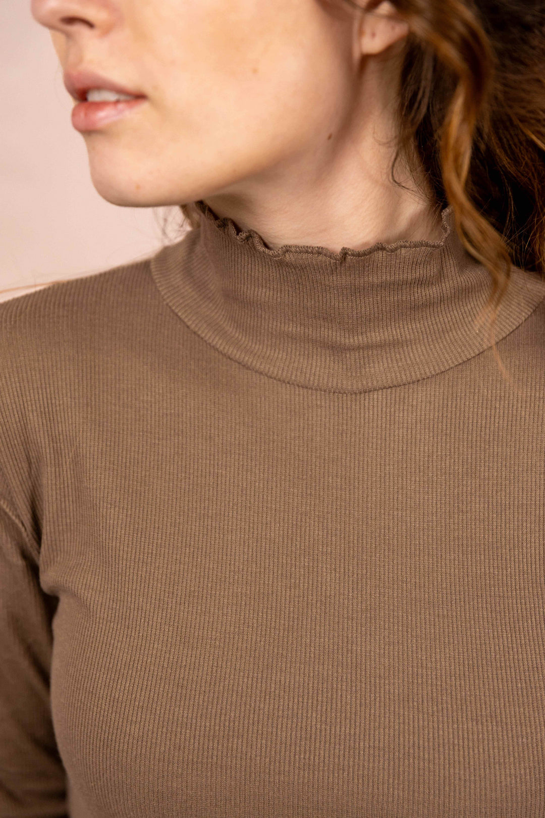 Wintertop, Taupe, Grau Braun, Stehkragen, Rollkragen, Wintersport, Feinrip Langsleeven, Langärmliges Shirt