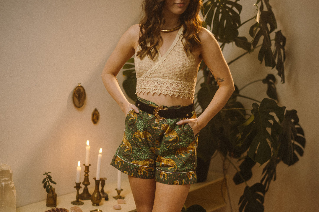 Stylisches Pyjama Set, Tiger Print Schlafanzug, Grün, Kurze Nachtwäsche, Unisex Pyjama aus Baumwolle, Trendige Muster 