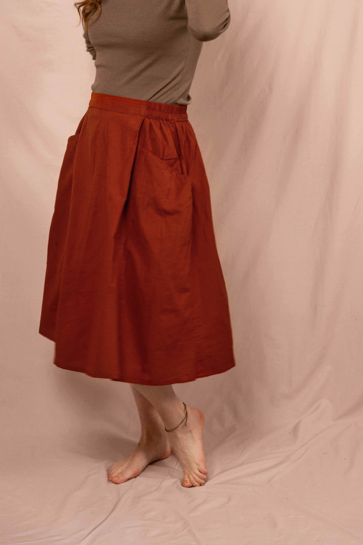 Sommerrock, Langer Frühlingsrock mit Knöpfen, Vintage Rock in Rost Rot mit Taschen, 100% Baumwolle