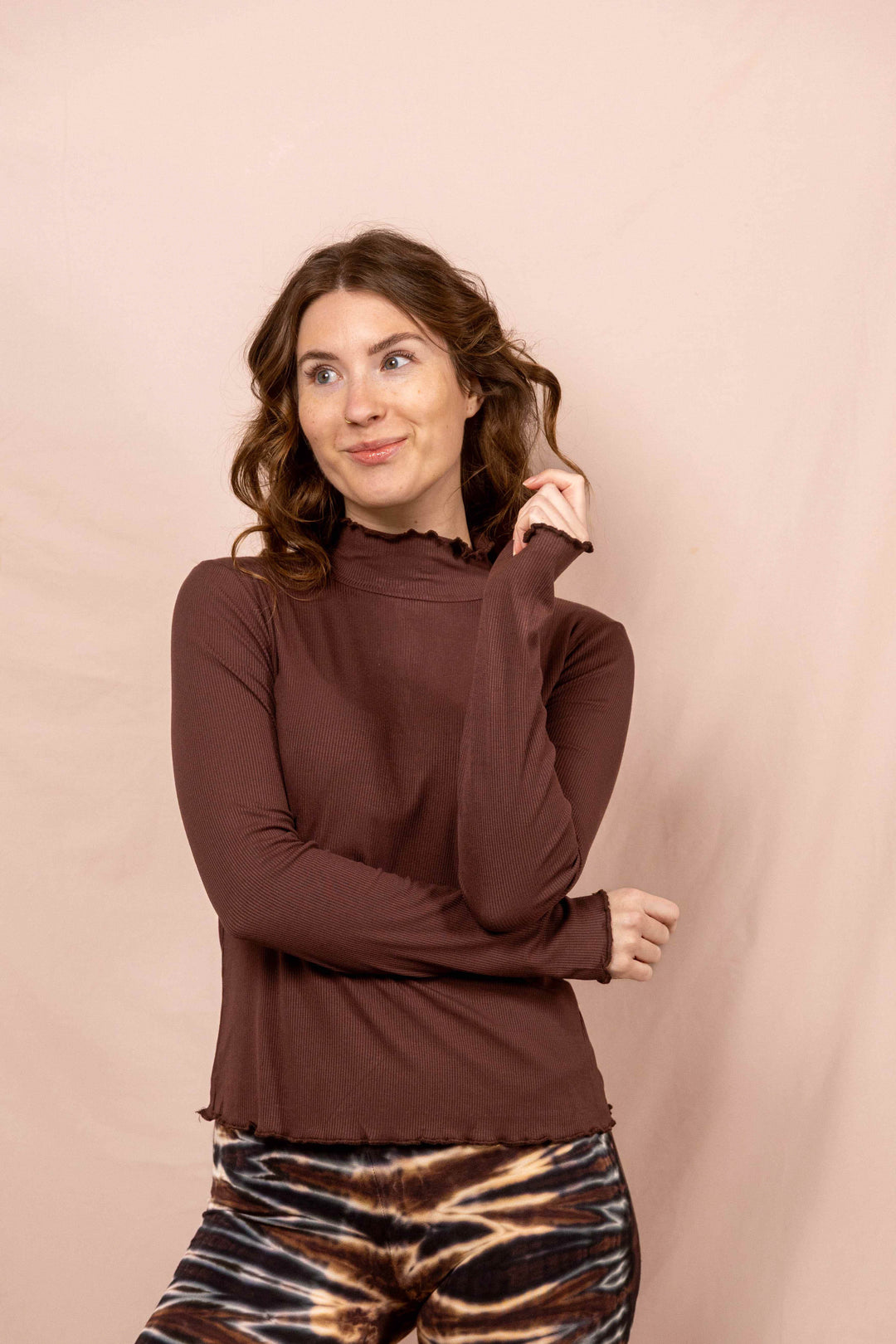 Wintertop, Braun, Stehkragen, Rollkragen, Wintersport, Feinrip Langsleeve