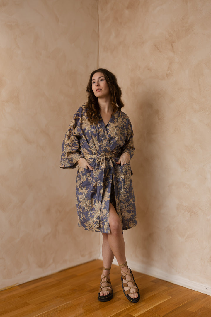 Kimono, Leichter Bademantel, dünner Morgenmantel, lange Bluse, Longewear, aus Buamwolle