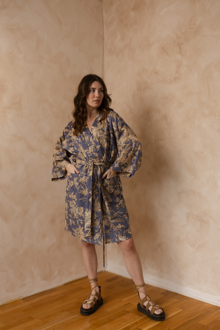 Kimono, Leichter Bademantel, dünner Morgenmantel, lange Bluse, Longewear, aus Buamwolle