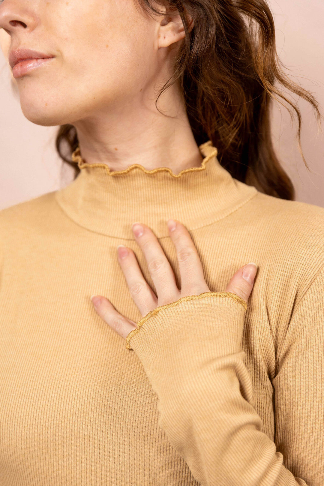 Wintertop, Beige, Stehkragen, Rollkragen, Wintersport, Feinrip Langsleeven, Langärmliges Shirt