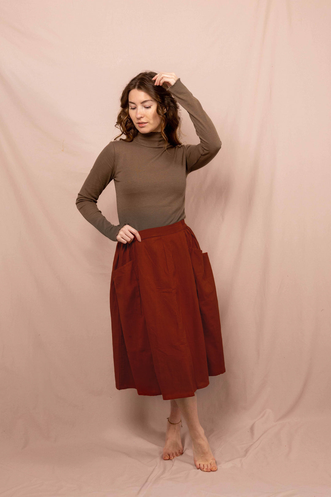 Sommerrock, Langer Frühlingsrock mit Knöpfen, Vintage Rock in Rost Rot mit Taschen, 100% Baumwolle