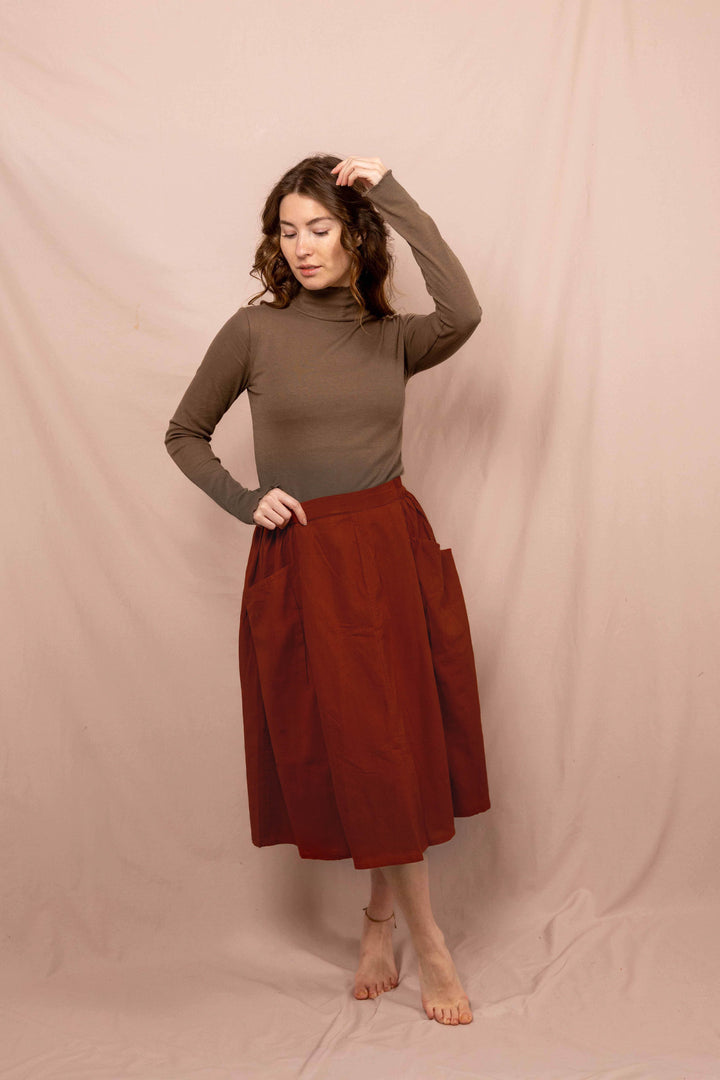 Sommerrock, Langer Frühlingsrock mit Knöpfen, Vintage Rock in Rost Rot mit Taschen, 100% Baumwolle