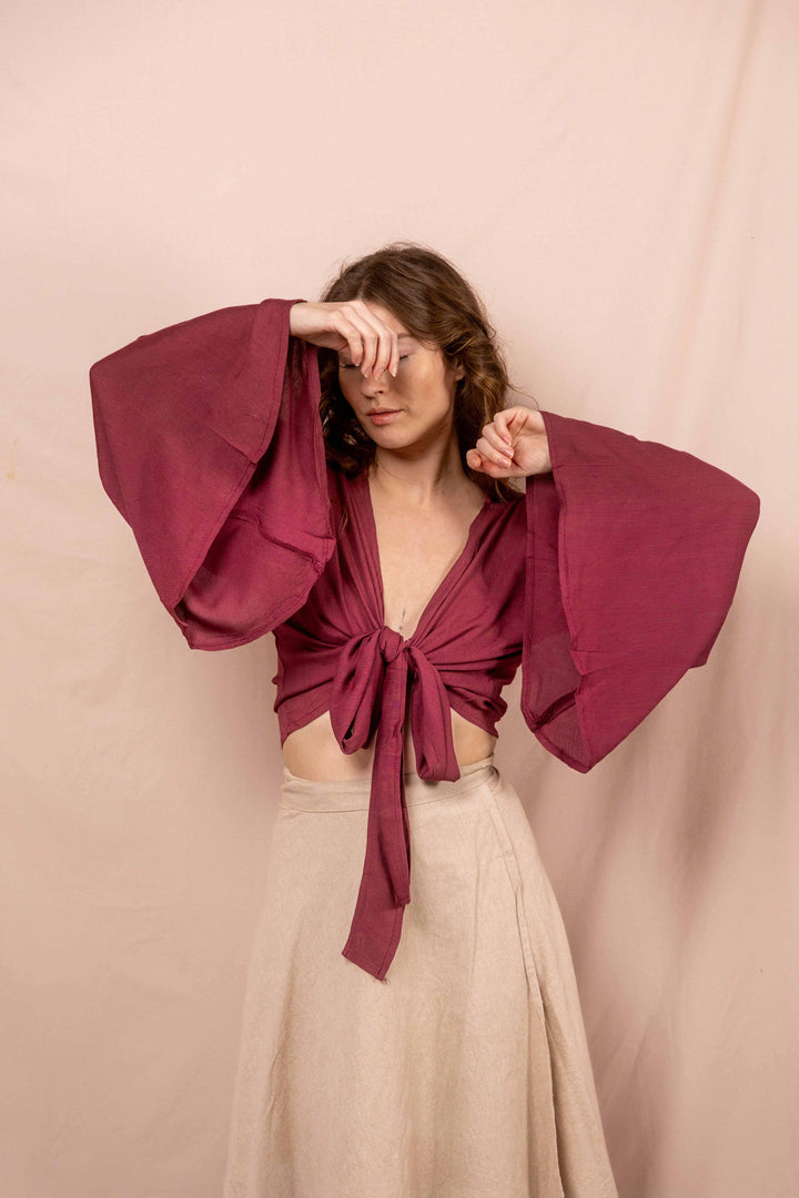 Lässiges Batik Wickeltop, Vintage Wickelbluse in Malve Rot, Bluse zum Wickeln, Top mit langen Ärmeln