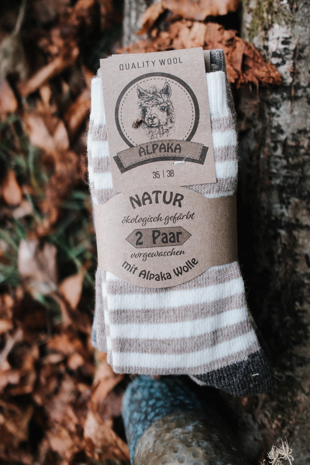 Superwarme Alpaka Socken gestreift beige/weiß ~ 2 Paar