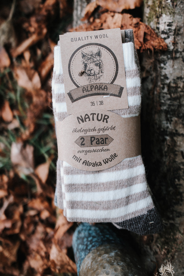 Superwarme Alpaka Socken gestreift beige/weiß ~ 2 Paar