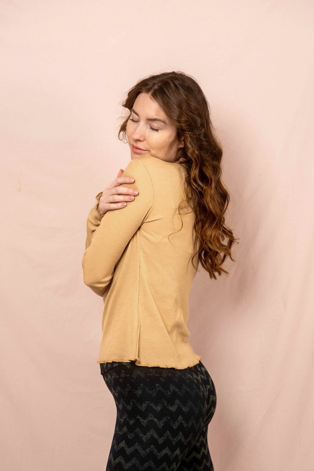 Wintertop, Beige, Stehkragen, Rollkragen, Wintersport, Feinrip Langsleeven, Langärmliges Shirt