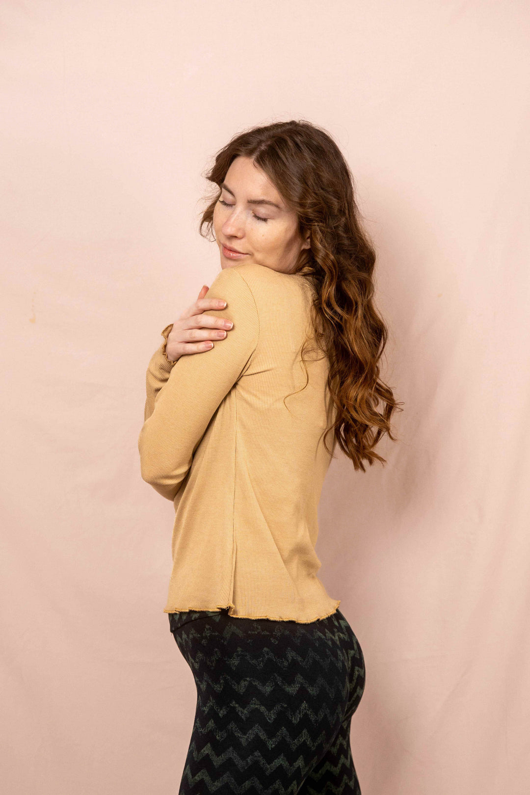 Wintertop, Beige, Stehkragen, Rollkragen, Wintersport, Feinrip Langsleeven, Langärmliges Shirt