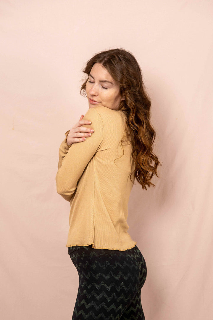 Wintertop, Beige, Stehkragen, Rollkragen, Wintersport, Feinrip Langsleeven, Langärmliges Shirt