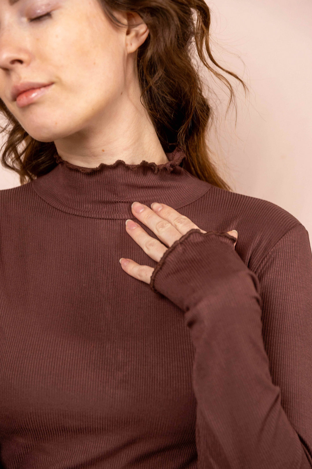 Wintertop, Braun, Stehkragen, Rollkragen, Wintersport, Feinrip Langsleeve