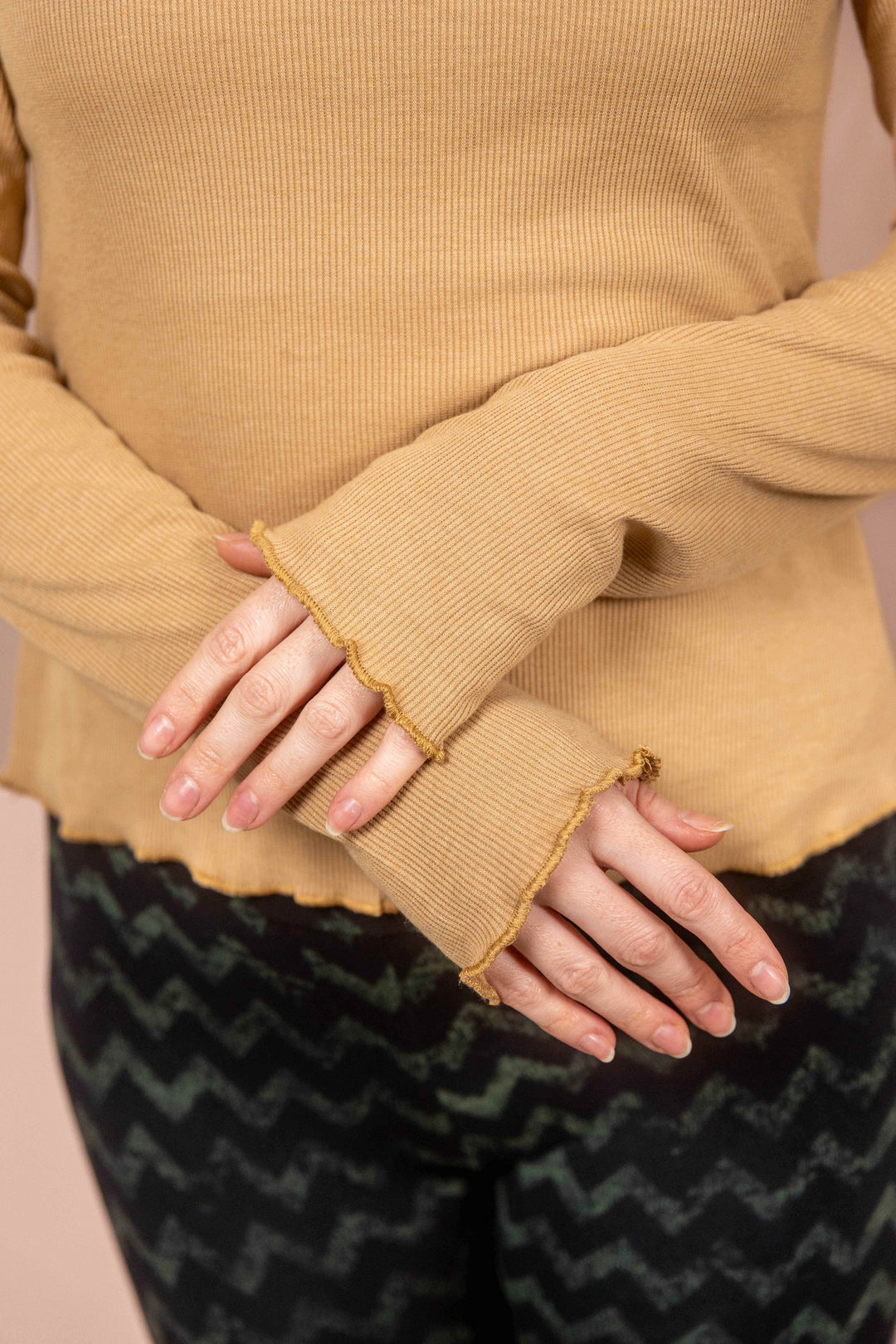 Wintertop, Beige, Stehkragen, Rollkragen, Wintersport, Feinrip Langsleeven, Langärmliges Shirt