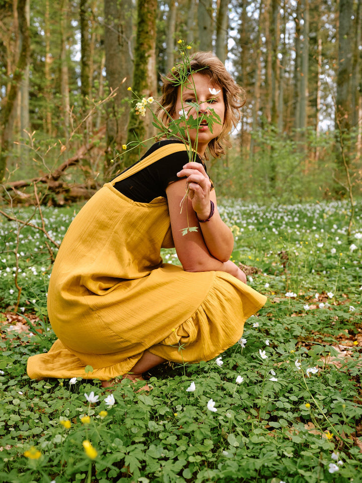 Musselin Kleid SOLEIL in senfgelb. Vintage Sommerkleid in Gelb. 100% Baumwolle.