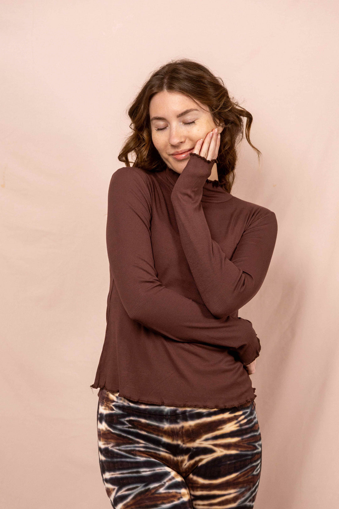 Wintertop, Braun, Stehkragen, Rollkragen, Wintersport, Feinrip Langsleeve